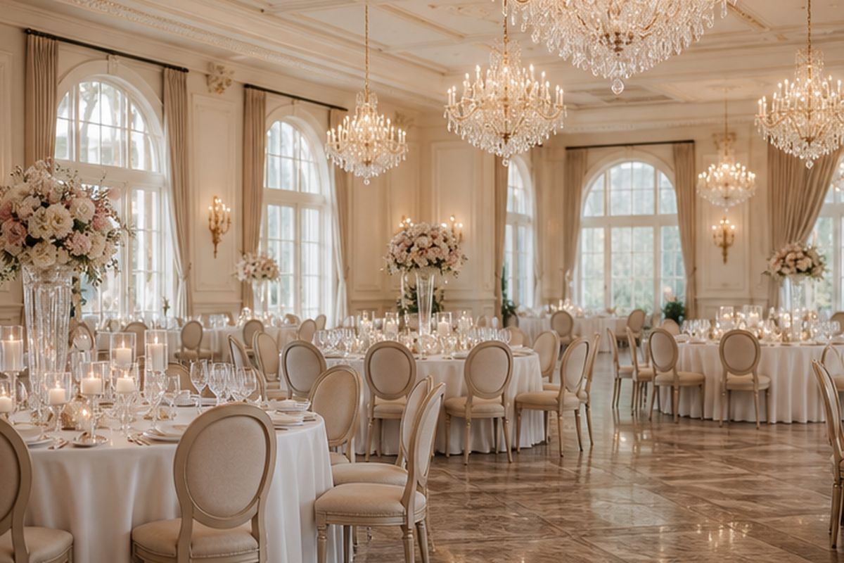 Elegancka pusta sala weselna z okrągłymi stołami, białymi obrusami i kryształowymi żyrandolami